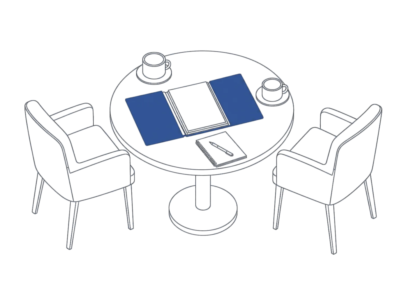 A small round meeting table with two chairs, an open folder and two cups